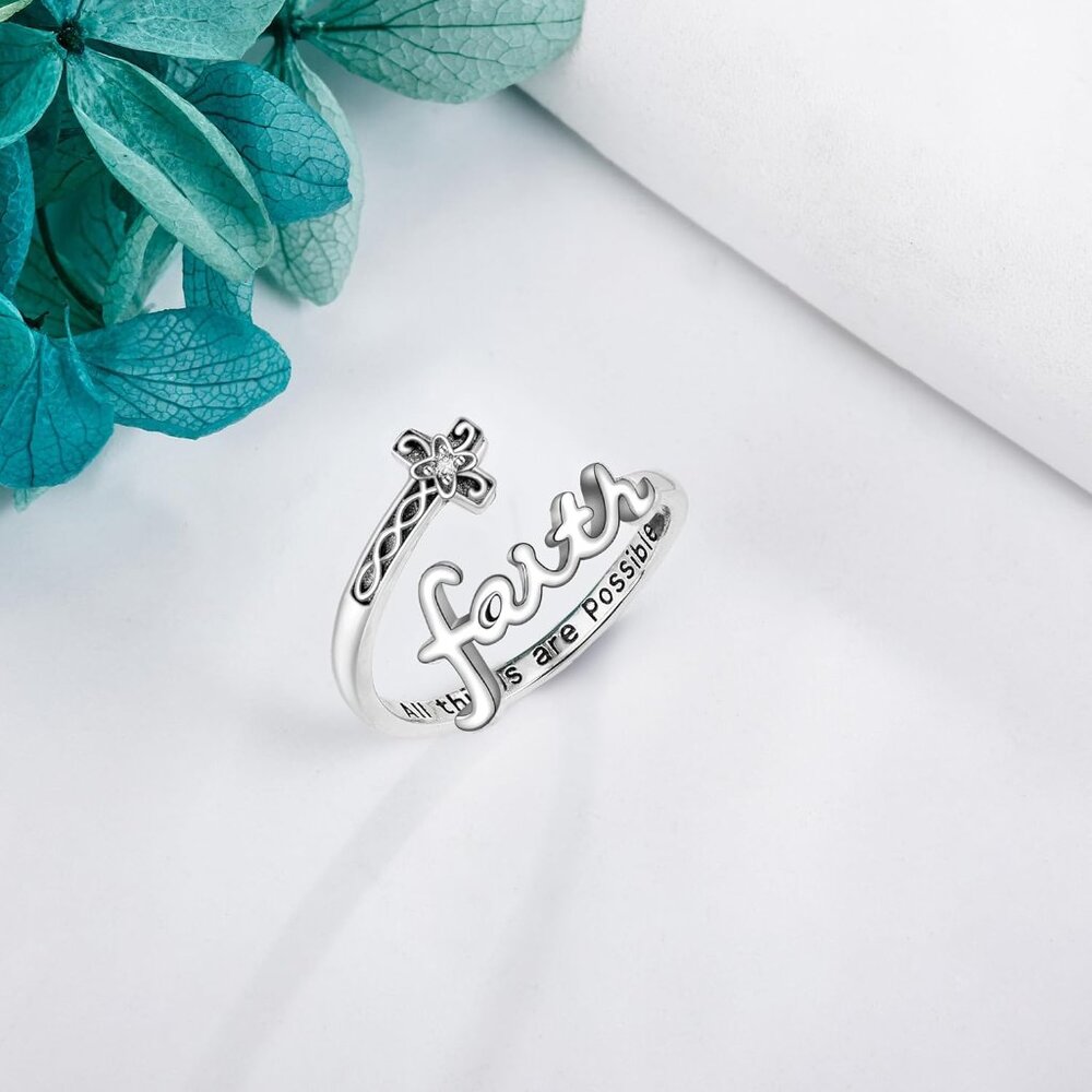 Silver 'Faith' Script Cross Stacking Ring - Picture 2 of 6